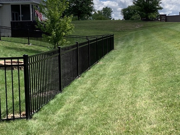 A black aluminum fence line along a lawn