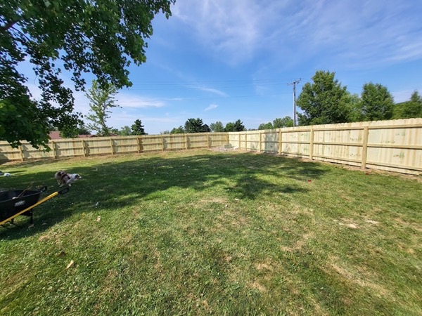 A fence line around a green back yard