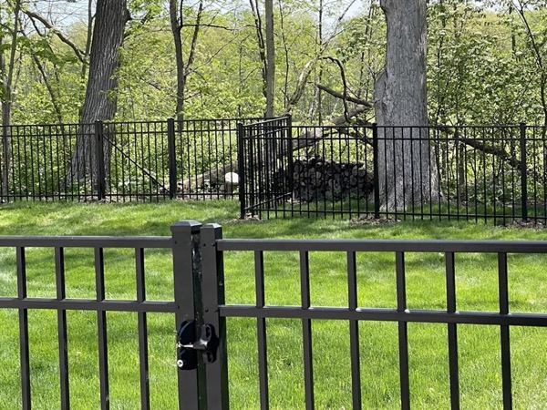A black aluminum fence around a yard