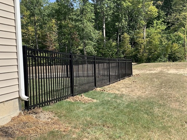 A black aluminum fence along a green lawn